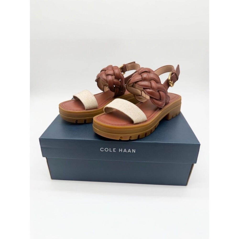 Cole Haan Cressida Braided Leather Ankle Strap Lug Sole Sandals Brown Tan 5 NEW